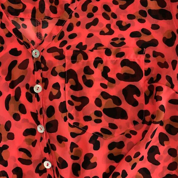 DEB Sheer Pink Leopard Red Button Down High Low Blouse XS - Picture 9 of 12